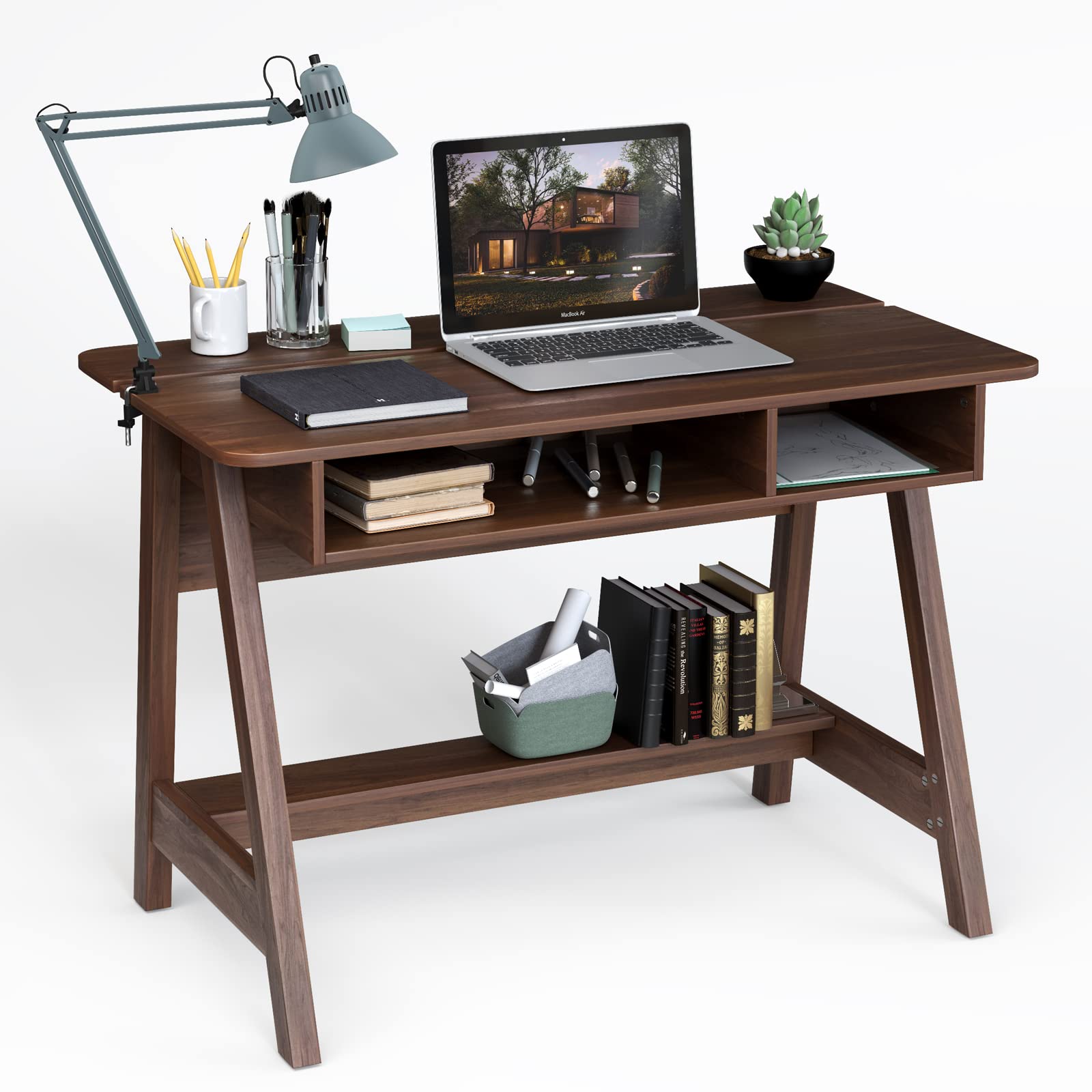 Bureau d'écriture Tangkula Mid-century avec cubes de rangement et compartiment caché